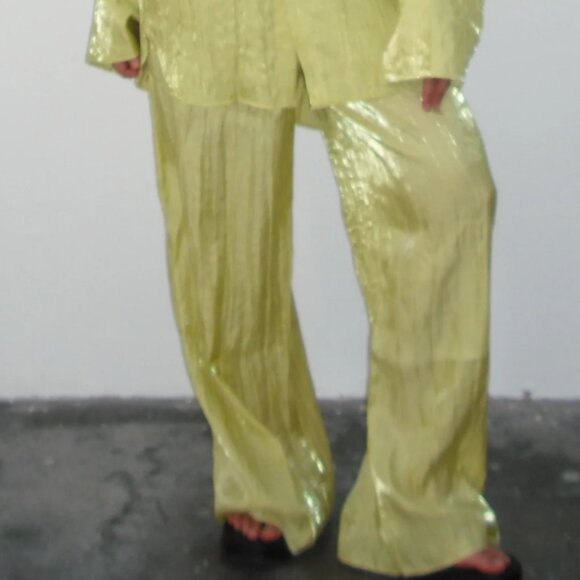 LOCAL EUROPEAN CRINKLE BLOUSE & PANT SET CHARTREUSE SIZE SMALL NWT - Picture 4 of 5